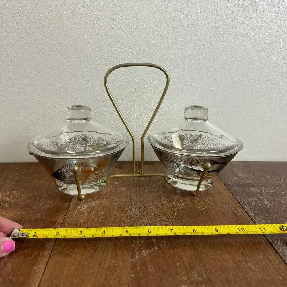 MCM Vintage Retro black gold design glass condiment dishes with‎ metal holder